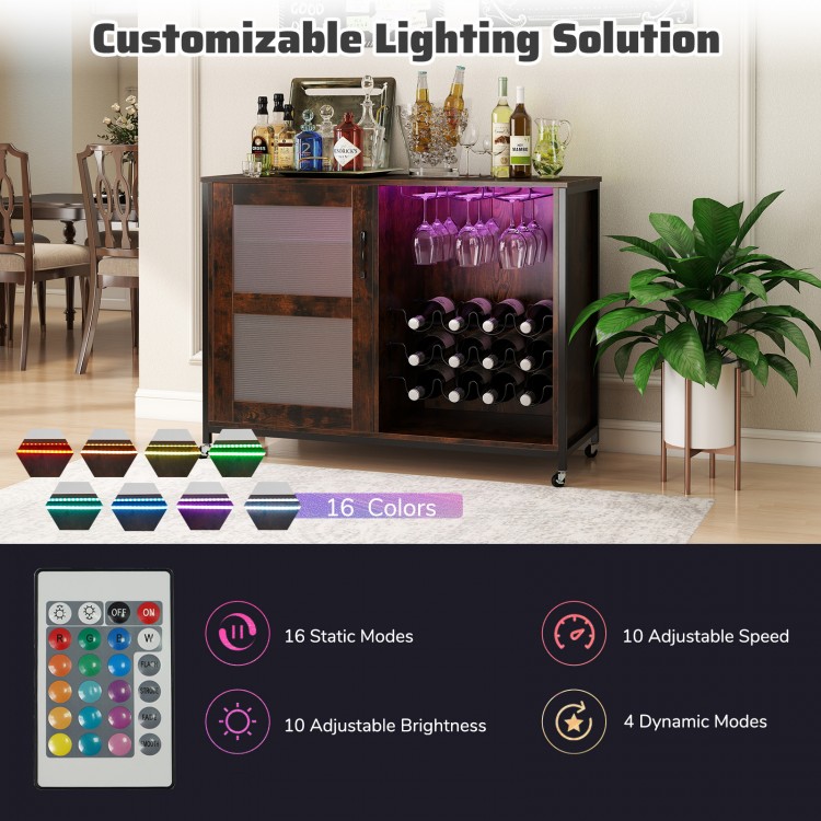 Wine bar cabinet in rustic brown with LED lights, adjustable shelves, and wine glass holders for home bar use.