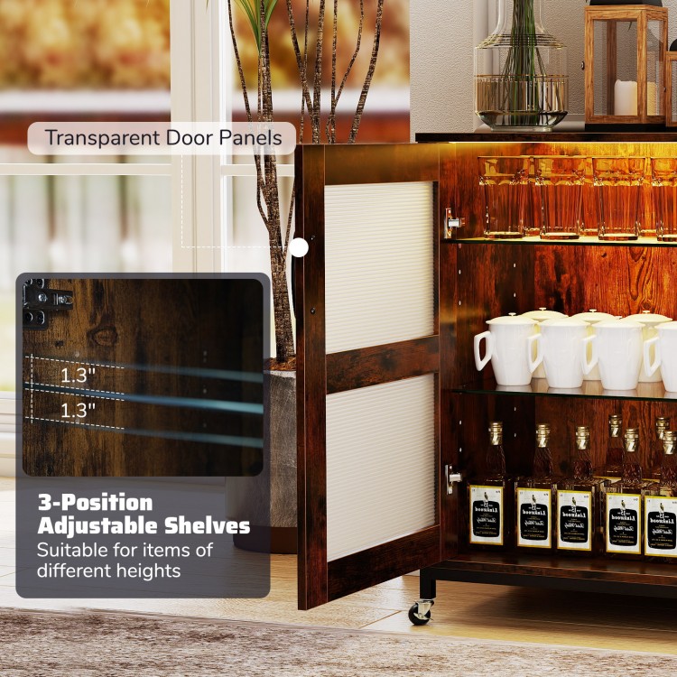 Wine bar cabinet with transparent door panels, adjustable shelves, and LED lights, perfect for home bar or kitchen use.