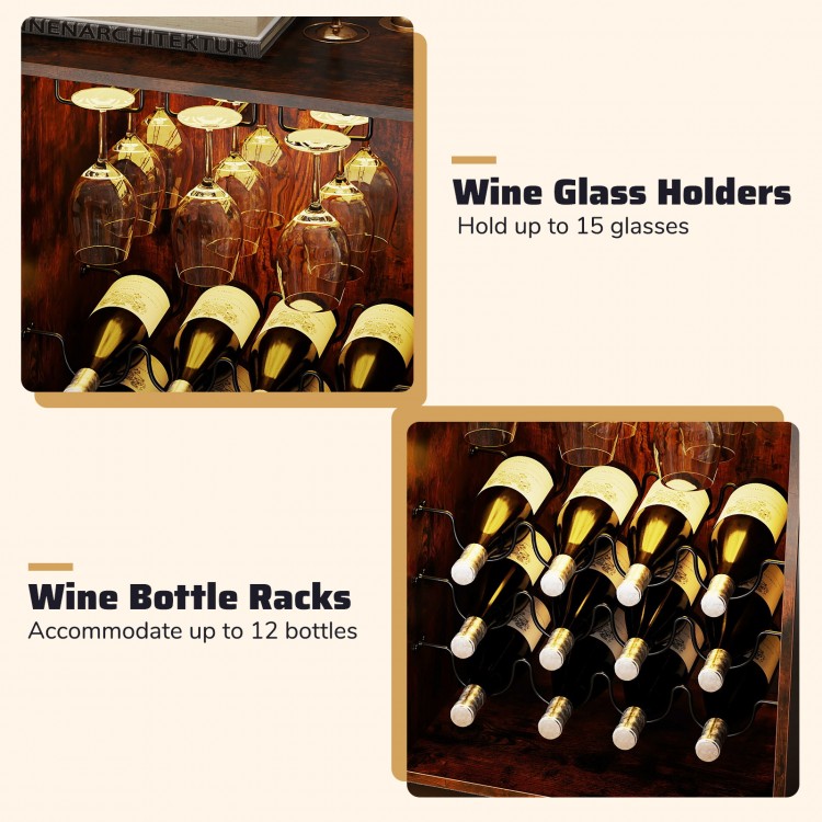 Wine glass holders for up to 15 glasses and wine bottle racks for 12 bottles in a rustic brown wine bar cabinet.