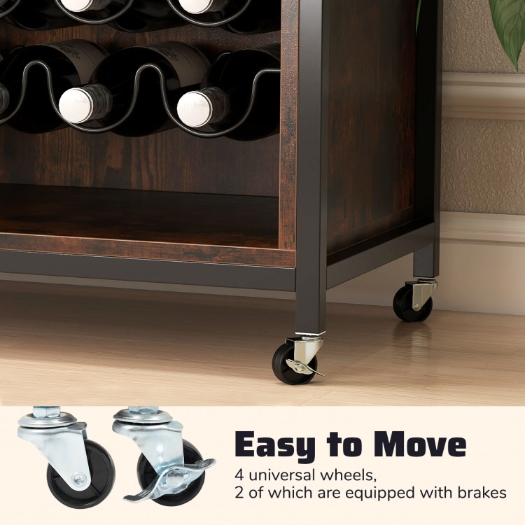 Close-up of the wine bar cabinet's 360° rotating wheels, featuring 2 with brakes for easy mobility and stability.