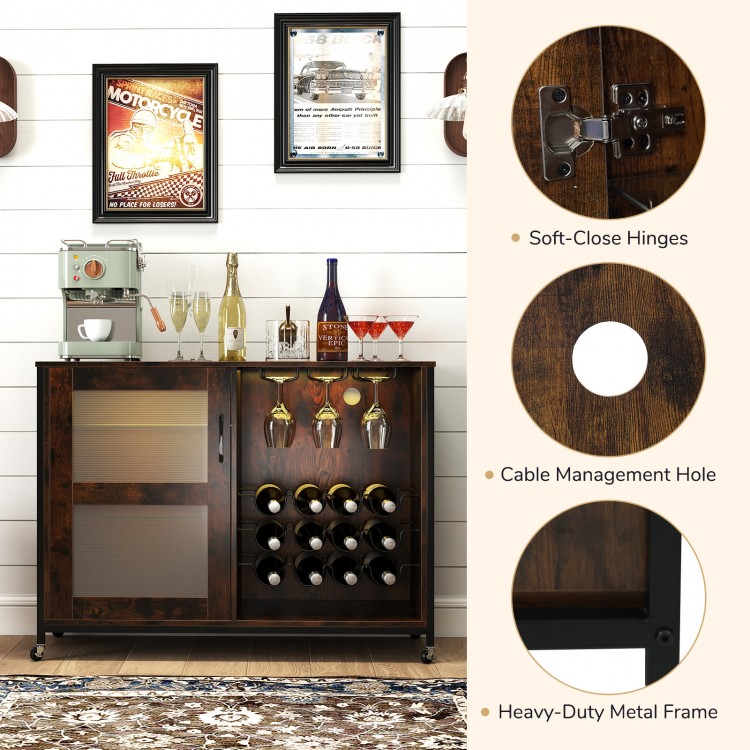 Wine bar cabinet in rustic brown with LED lights, adjustable shelves, and wine storage for home bar or living room use.