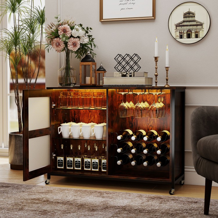 Rustic brown wine bar cabinet with LED lights, adjustable shelves, and wine glass holders, perfect for home bars.
