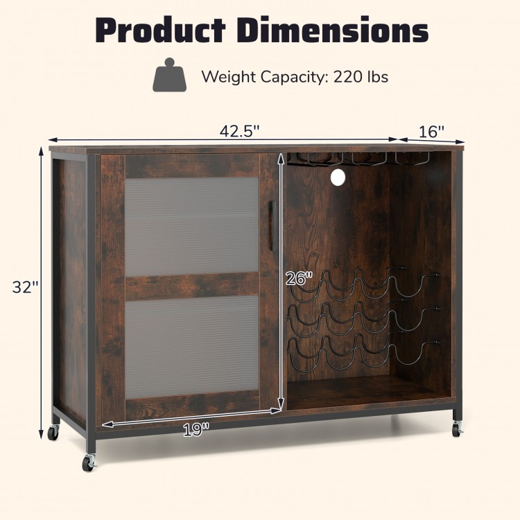 Rustic brown wine bar cabinet with adjustable shelves, LED lights, and wine glass holders for home bar convenience.
