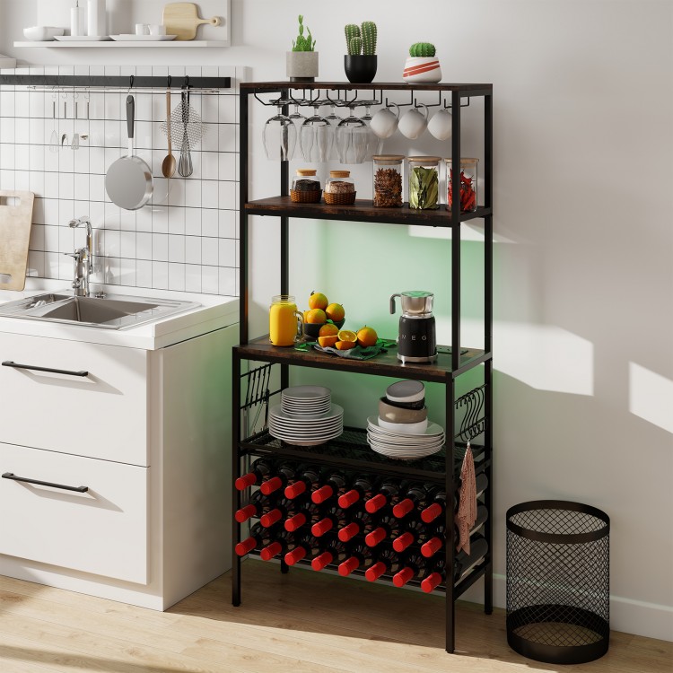Rustic brown wine organizer with 24 bottle holders, adjustable RGB light, and built-in power outlet for kitchen storage.