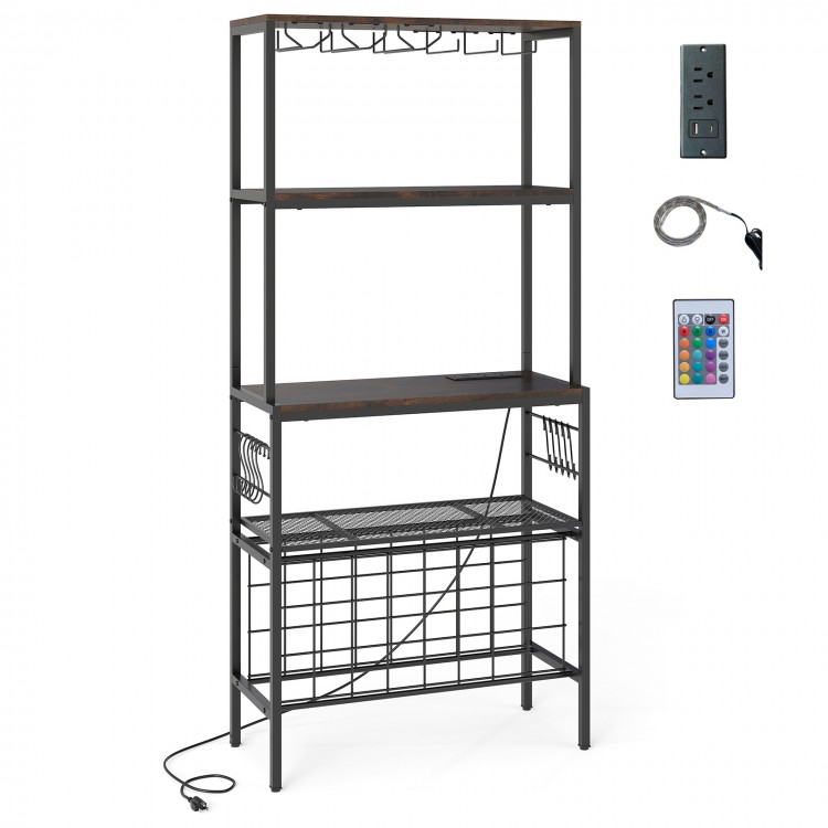 Rustic brown wine organizer with power outlet, 4-tier shelves, 24 bottle holders, and 8 hooks for versatile storage.