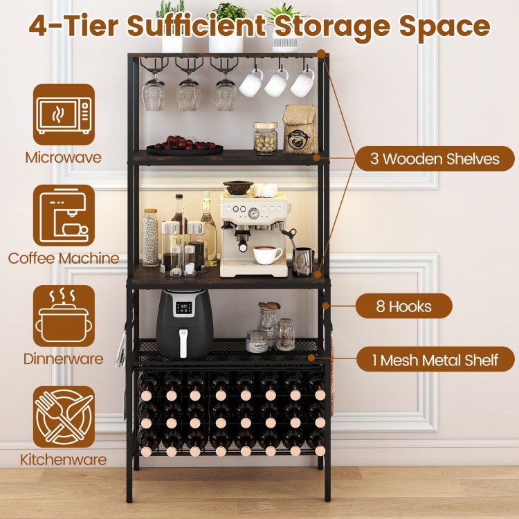 4-tier wine organizer in rustic brown with 24 bottle holders, 8 hooks, and adjustable RGB light for home bar use.