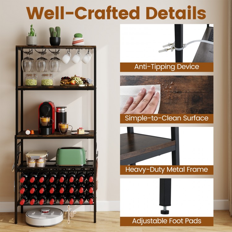 Wine organizer with power outlet, rustic brown finish, featuring 4-tier shelves and 24 bottle holders for home bar use.