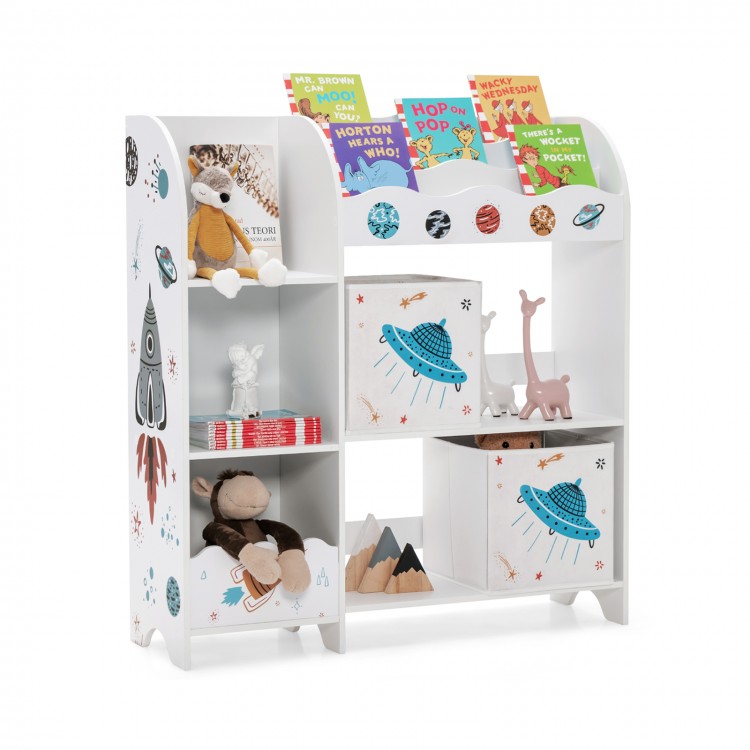 Kids wooden storage cabinet with 5 compartments and 2 cloth drawers, designed for organizing toys and books in a.