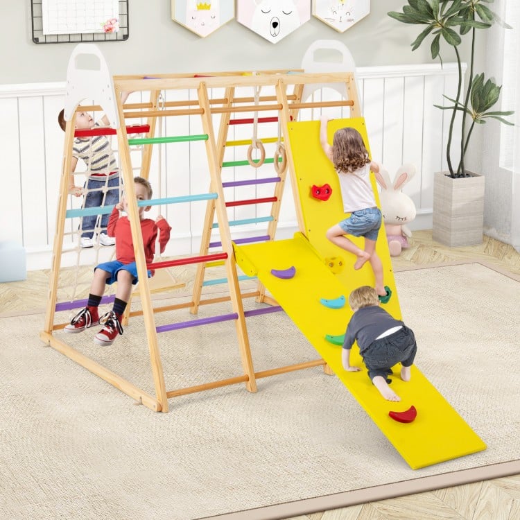 Wooden jungle gym playset with slide, monkey bars, and climbing features for 4-5 kids to enhance physical activity.
