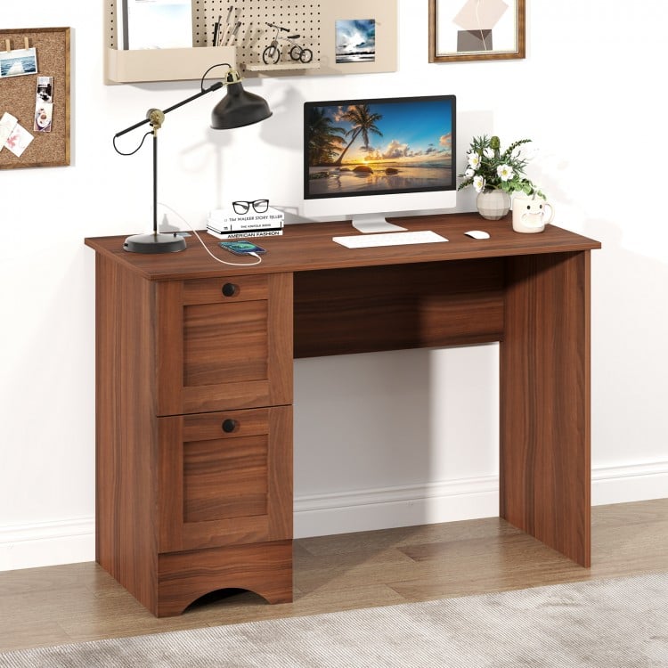 Wooden vintage computer desk in walnut with two side drawers, large surface, and unique metal knobs for home or office.