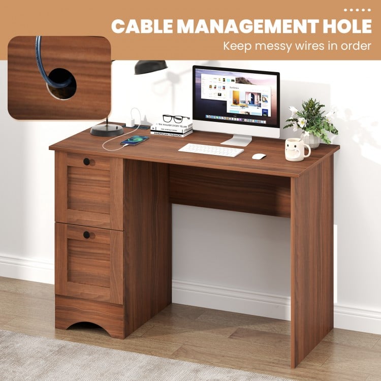 Wooden vintage computer desk in walnut with two drawers and cable management hole, ideal for home office use.