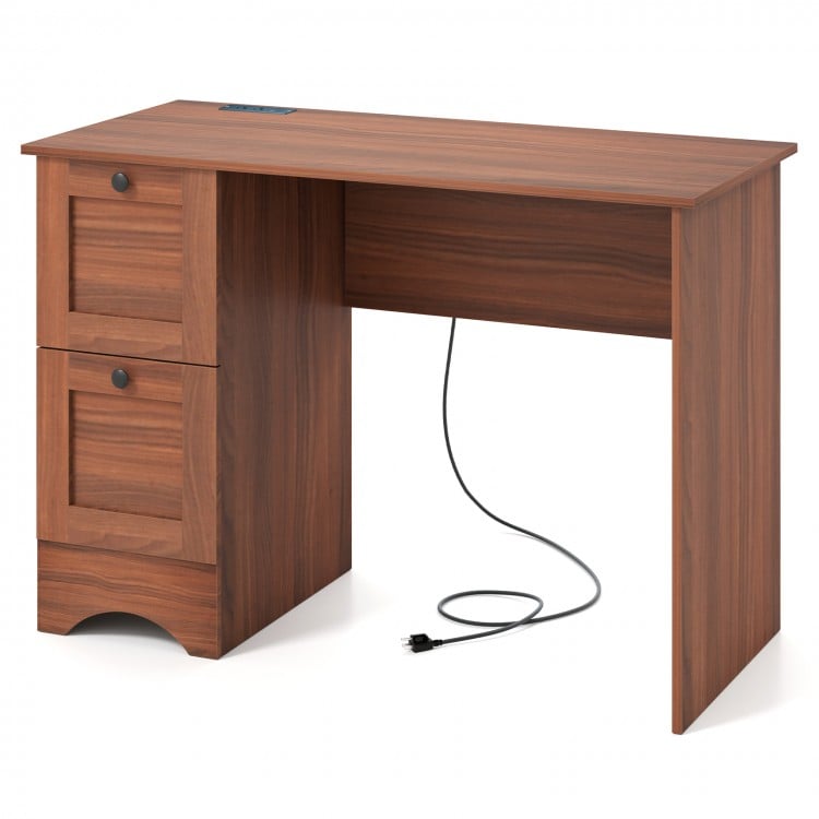 Wooden vintage computer desk in walnut with two side drawers and a spacious surface, ideal for home office use.