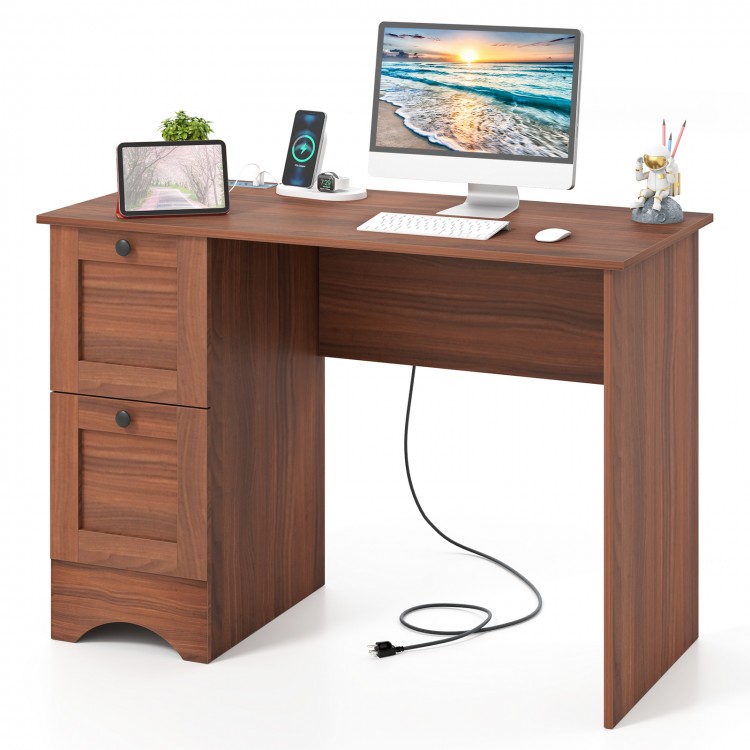 Wooden vintage computer desk in walnut finish with two side drawers, large surface, and unique metal knobs for home.