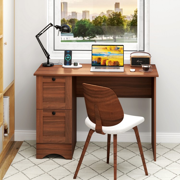 Wooden vintage computer desk in walnut with two side drawers, large surface, and stylish metal knobs for home office.