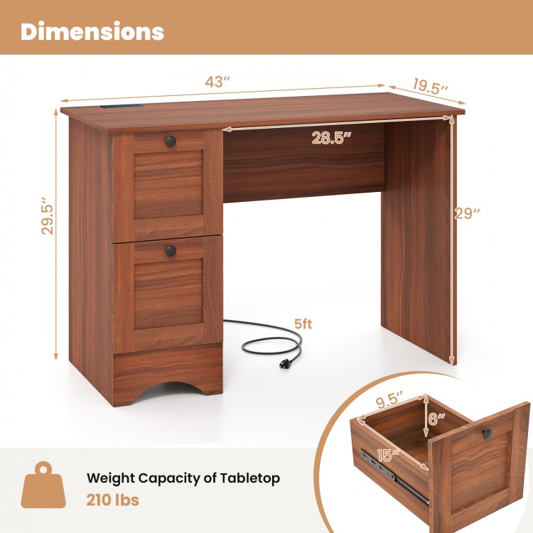 Wooden vintage computer desk in walnut with 2 side drawers, large surface, and metal knobs for home or office use.