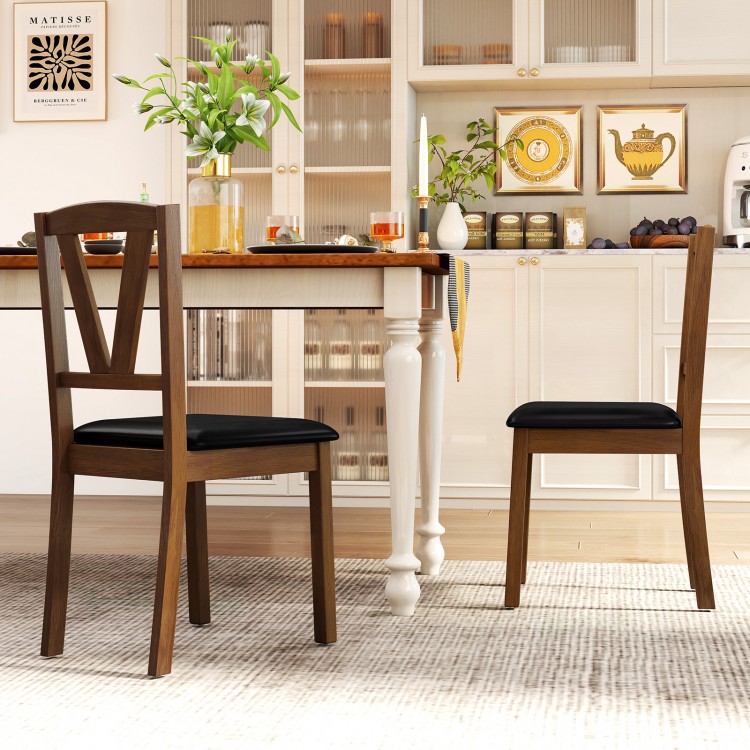 Brown wooden dining chairs with PU leather upholstery, featuring V-shaped backrests, perfect for dining areas or cafes.