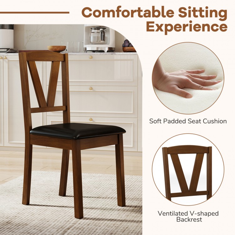Wooden dining chair with PU leather upholstery, padded seat, and V-shaped backrest, perfect for home or cafe settings.