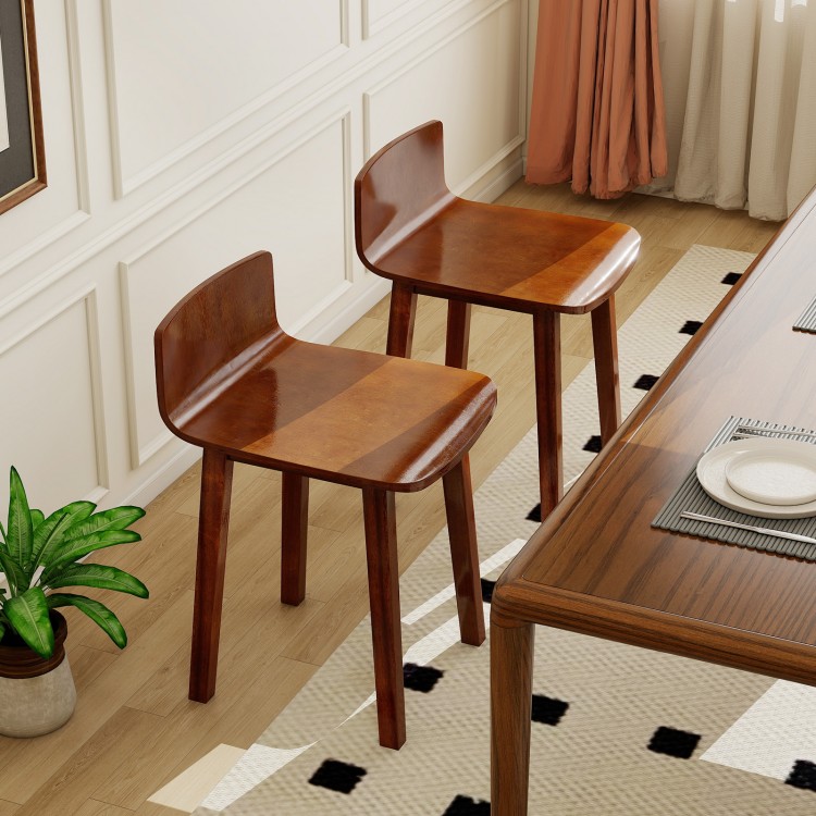 Set of 2 brown acacia wood dining chairs with curved seats and low backrests, perfect for kitchen or dining room use.