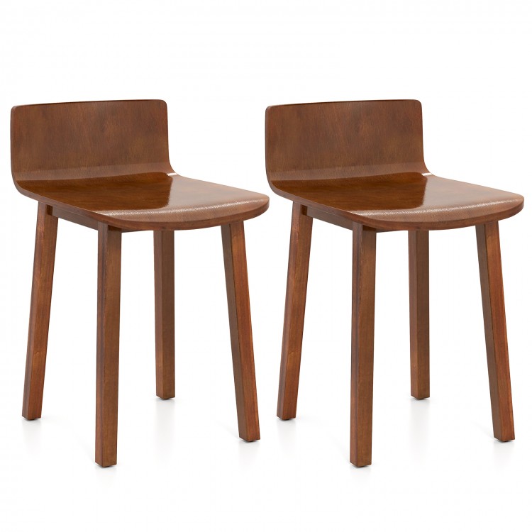 Set of 2 brown acacia wood dining chairs with curved seats and low backrests, perfect for farmhouse kitchens.