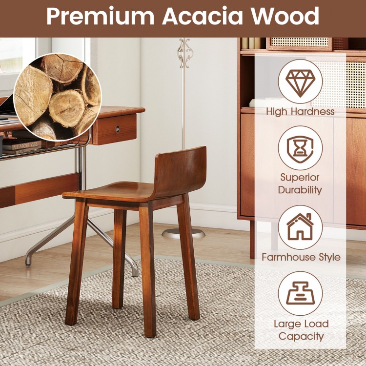 Brown acacia wood dining chair with a curved backrest, showcasing farmhouse style and reinforced triangular structure.