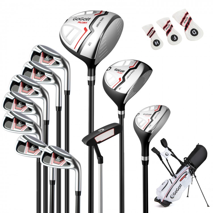 Complete women's golf clubs set with driver, hybrid, irons, putter, and lightweight bag in red for easy carrying.