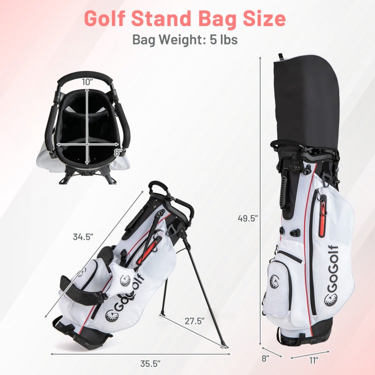 Women's golf stand bag with dual shoulder straps, 5 lbs weight, and multiple pockets for easy carrying and storage.