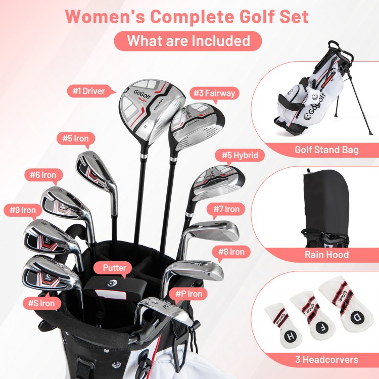 Women's complete golf set featuring a driver, fairway, hybrid, irons, putter, and lightweight bag with headcovers.