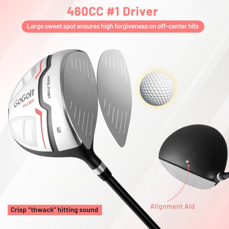 Women's complete golf club set with #1 driver, lightweight bag, and alignment aid for improved accuracy and stability.