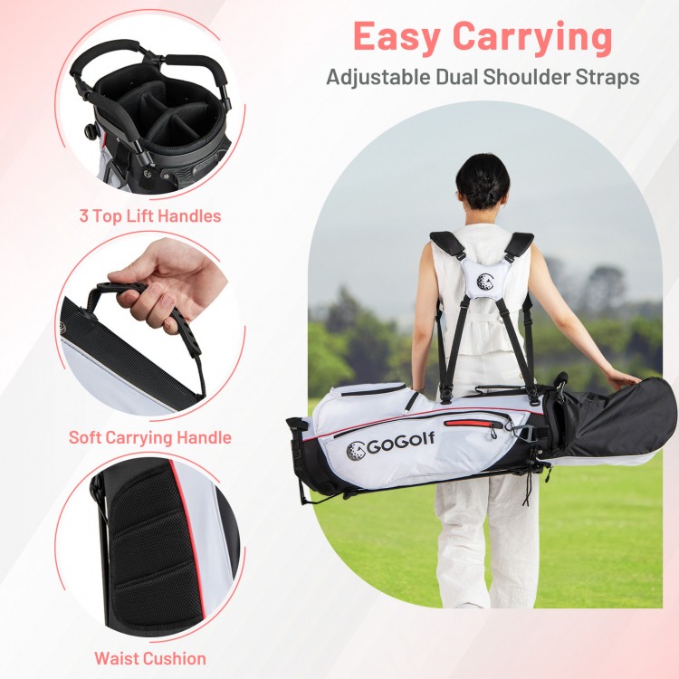Women's golf bag set with adjustable dual shoulder straps, featuring a soft handle and multiple storage pockets for.