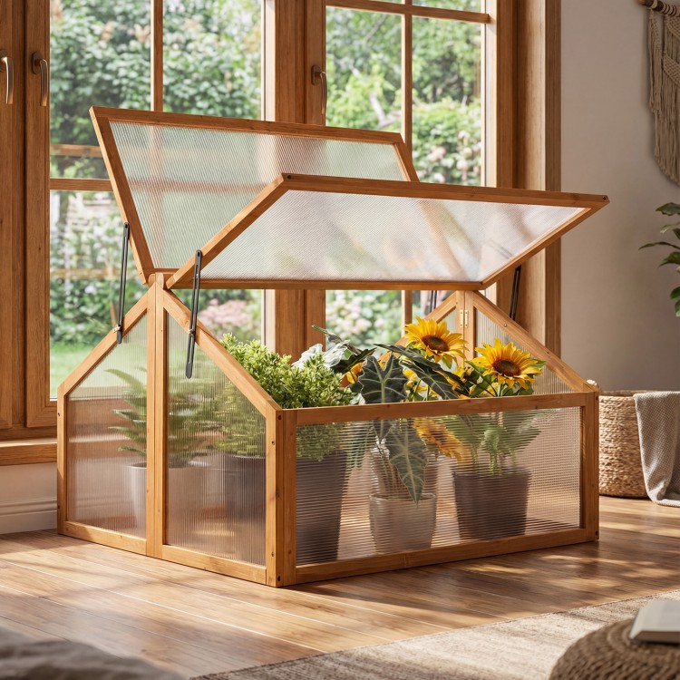 Wood cold frame greenhouse with transparent openable roof, featuring adjustable vents and natural fir wood for plant.