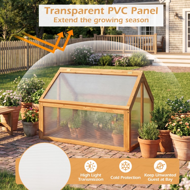 Wood cold frame greenhouse with transparent PVC panel and adjustable roof vents for plant protection and airflow.