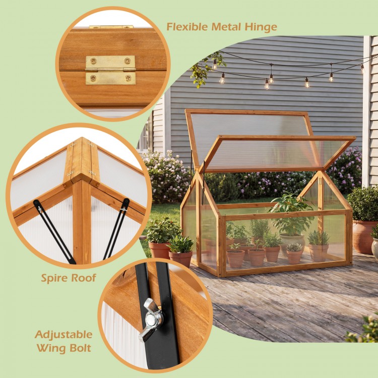 Wood cold frame greenhouse with transparent roof, adjustable vents, and natural fir wood frame for plant protection.