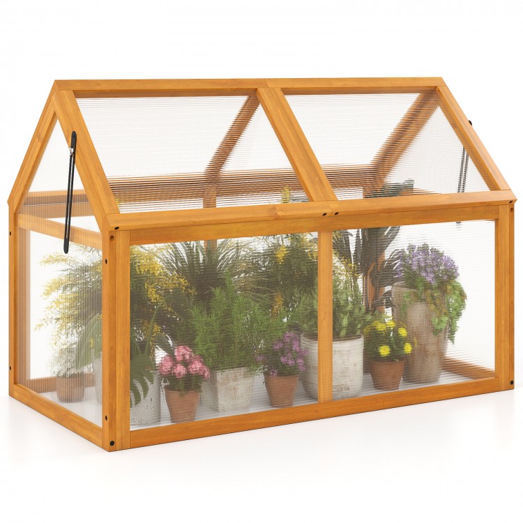Wood cold frame greenhouse with adjustable roof and transparent panels, ideal for protecting plants and enhancing.