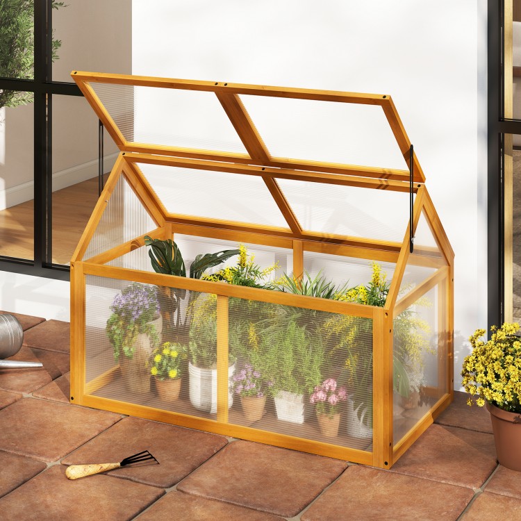 Wood cold frame greenhouse with adjustable roof, transparent panels, and fir wood frame for plant protection and.