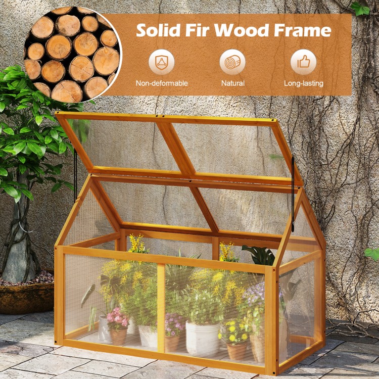 Wood cold frame greenhouse with solid fir wood frame and adjustable roof for plant protection and ventilation.