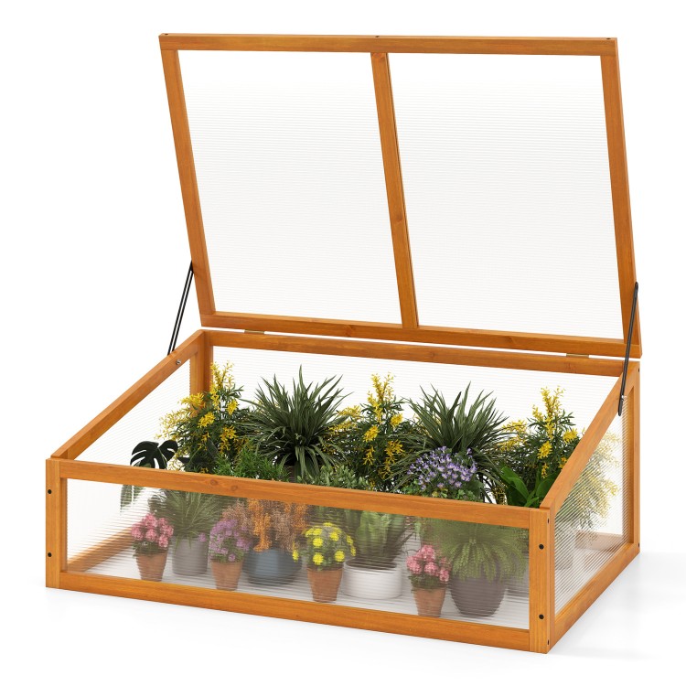 Wood cold frame greenhouse with transparent flip-top roof, featuring fir wood construction for plant protection and air.