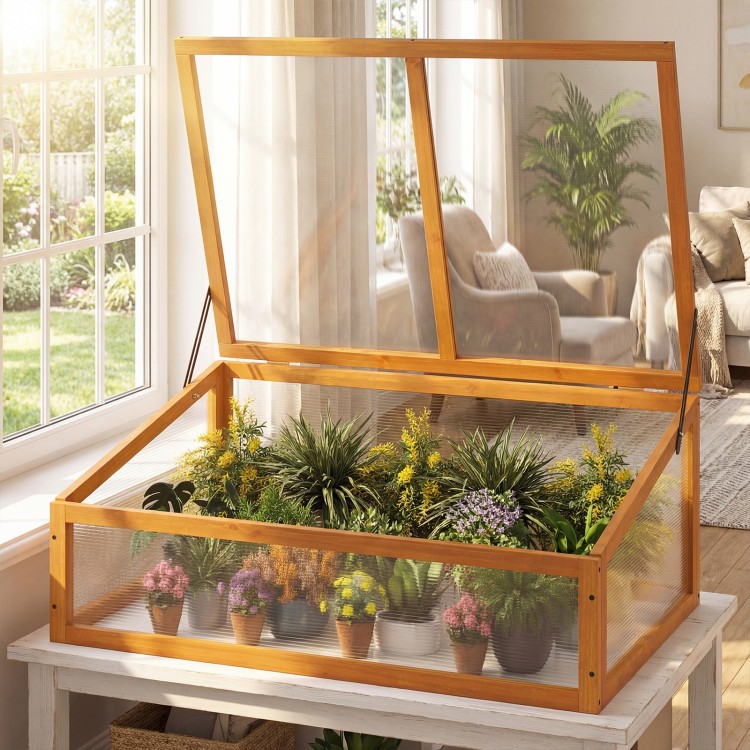 Wood cold frame greenhouse with transparent flip-top roof, featuring fir wood construction for indoor and outdoor plant.