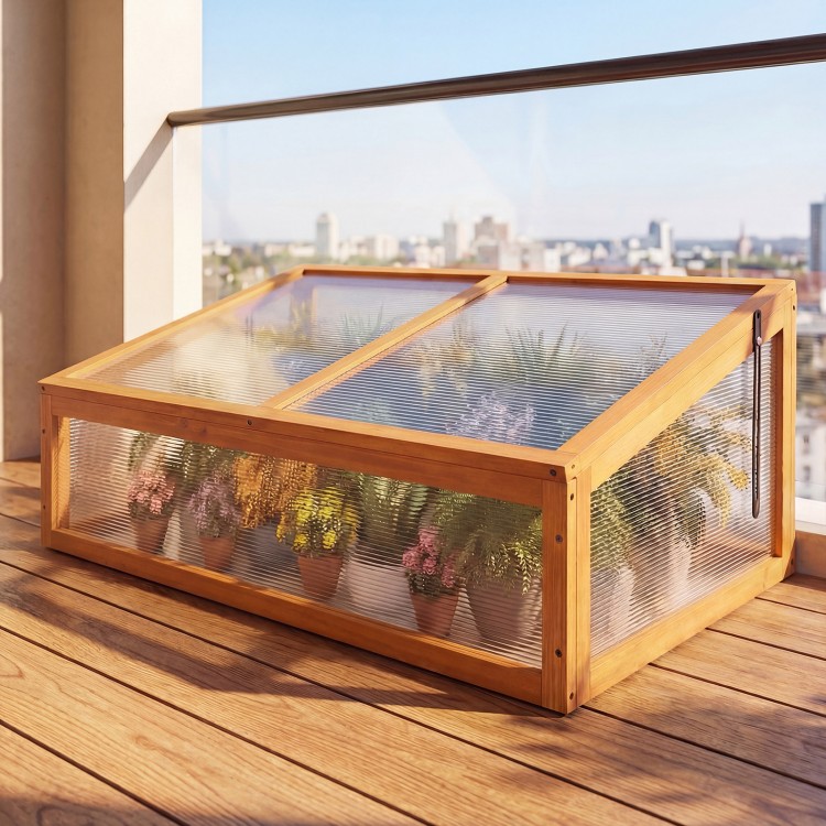 Wood cold frame greenhouse with transparent flip-top roof, featuring fir wood construction and potted plants for.