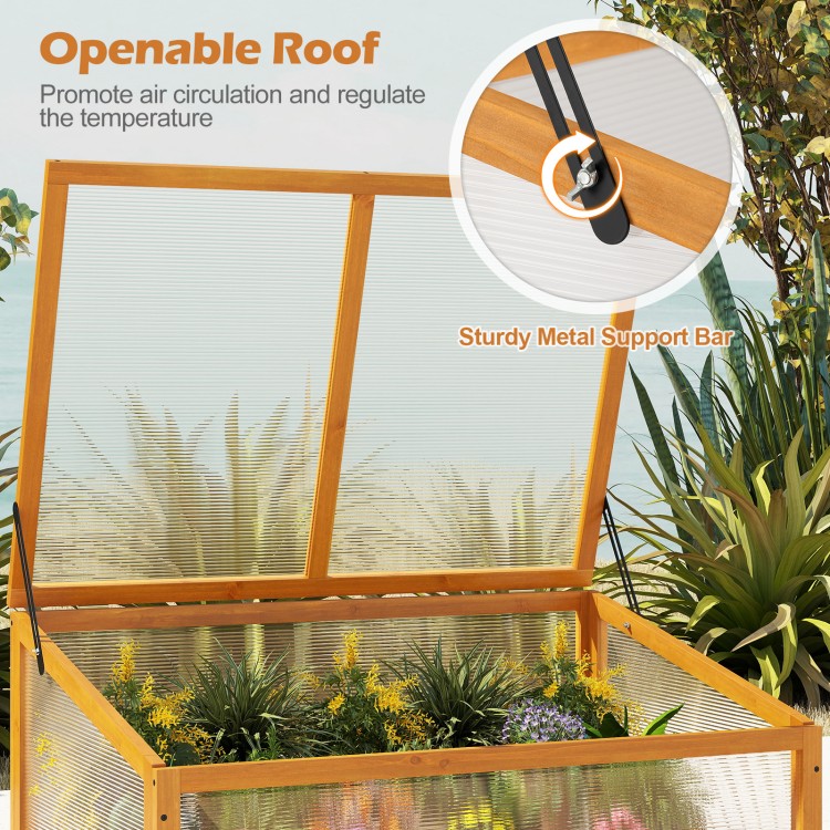 Openable roof of the wood cold frame greenhouse with sturdy metal support bar for improved air circulation and plant.