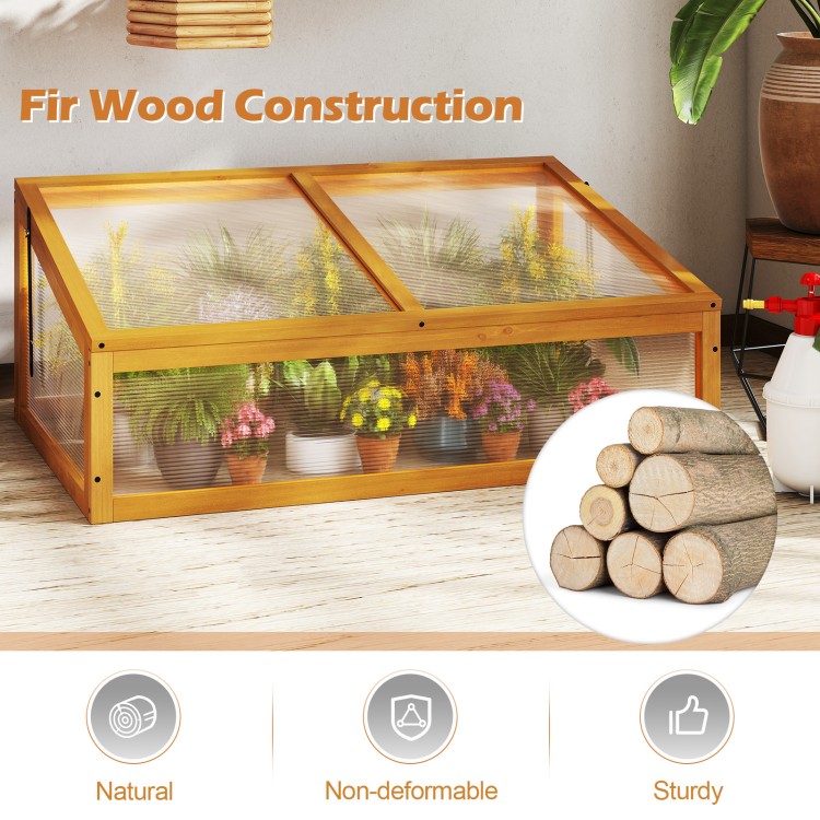 Wood cold frame greenhouse with transparent flip-top roof, sturdy fir wood construction for indoor and outdoor plant.