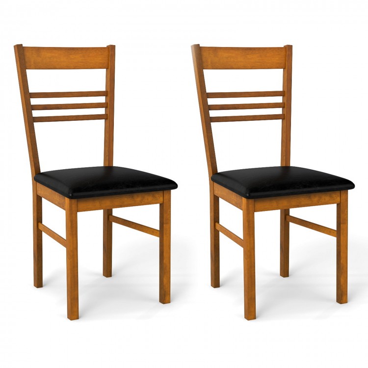 Walnut-finished wood dining chair featuring a high backrest and wide PU leather seat, perfect for casual dining.