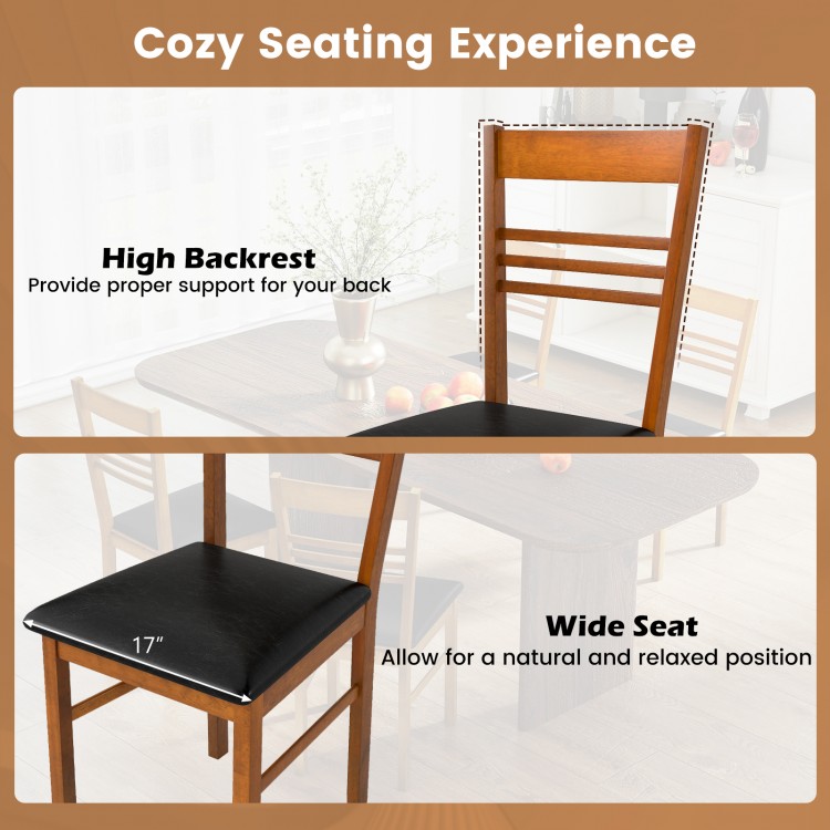 High backrest and wide seat of walnut wood dining chair set, offering comfort and support for dining spaces.