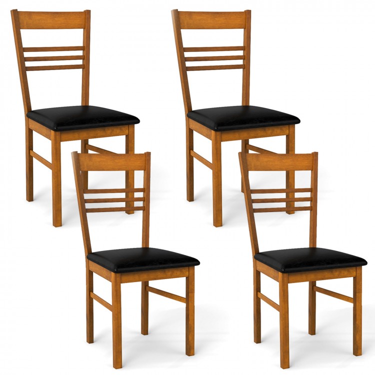 Set of 4 walnut wood dining chairs with high backrest and PU leather seats, ideal for kitchen or dining room use.