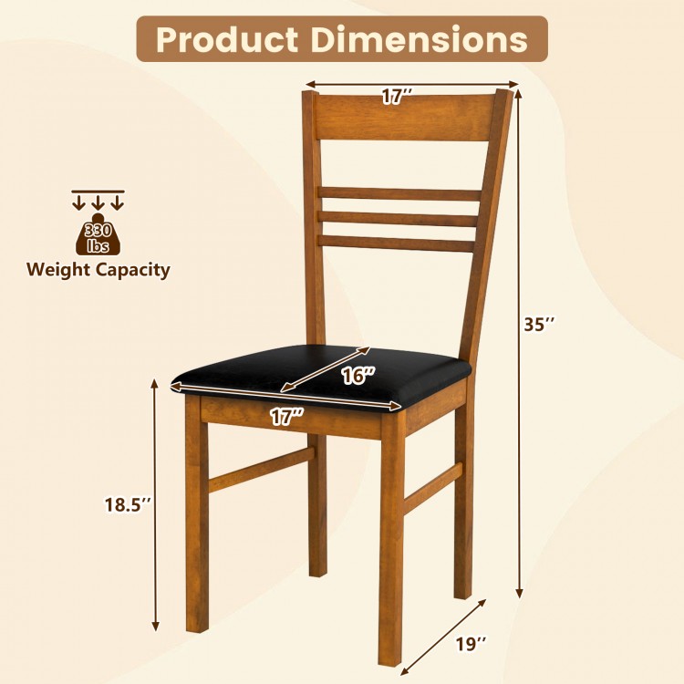 Wood dining chair dimensions showing a walnut finish, high backrest, and PU leather seat for comfort and durability.