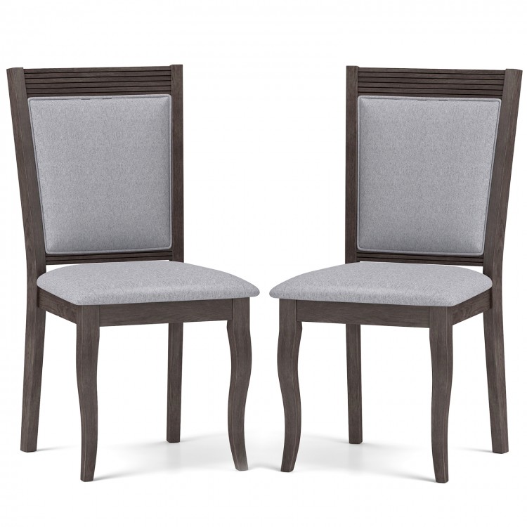 Set of 2 wood dining chairs with brown rubber wood frame and padded gray linen seats for comfortable dining.