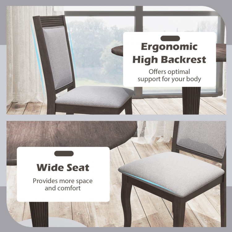 Ergonomic high backrest and wide seat of brown dining chair set provide comfort and support for dining experiences.