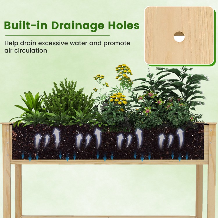 Wood elevated planter bed featuring built-in drainage holes, ideal for healthy plant growth and easy transportation.