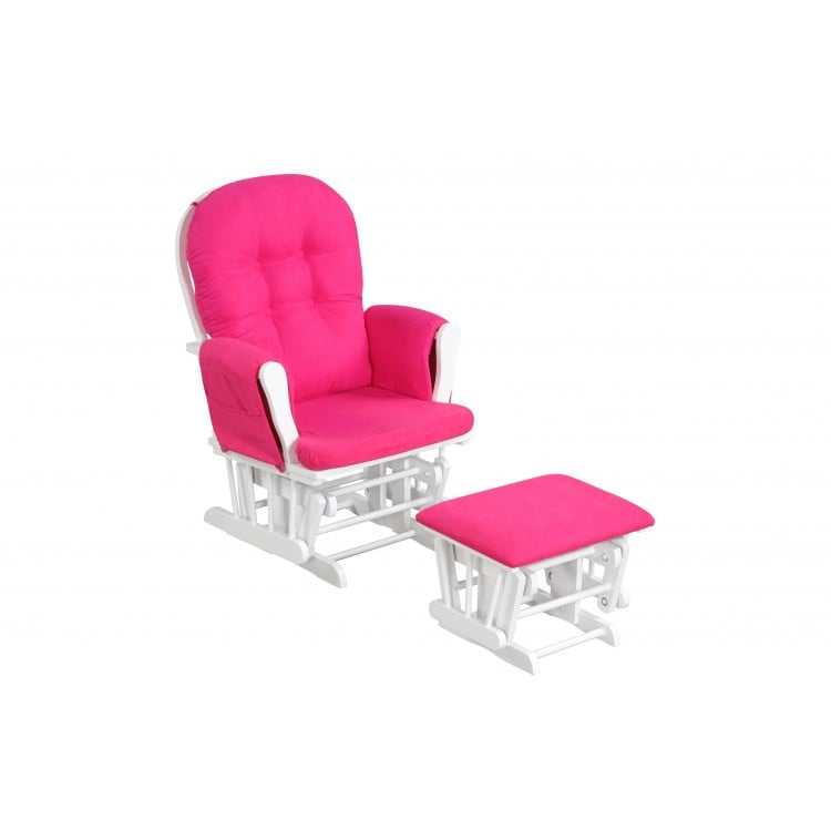 Heart pink wood glider chair with padded armrests and matching ottoman, designed for comfort and easy cleaning.