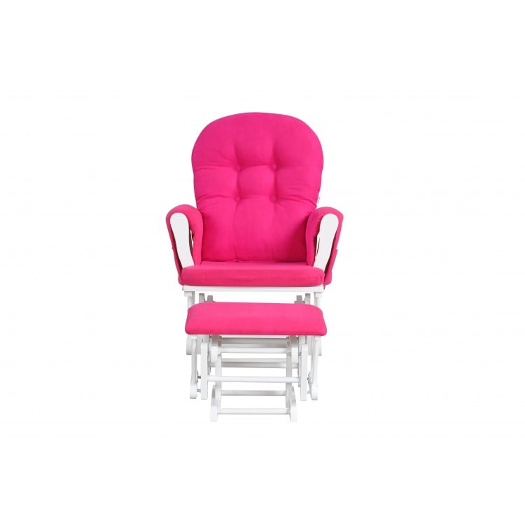 Wood glider and ottoman set in heart pink with padded armrests, featuring a smooth gliding motion for comfort.