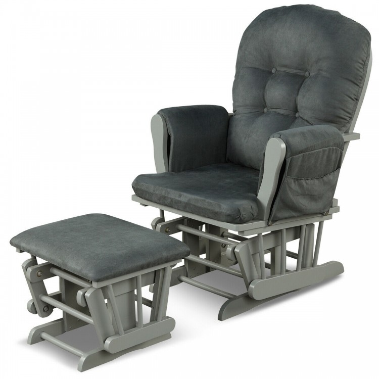 Dark gray wood glider and ottoman set with padded armrests, featuring a detachable cushion for easy cleaning.